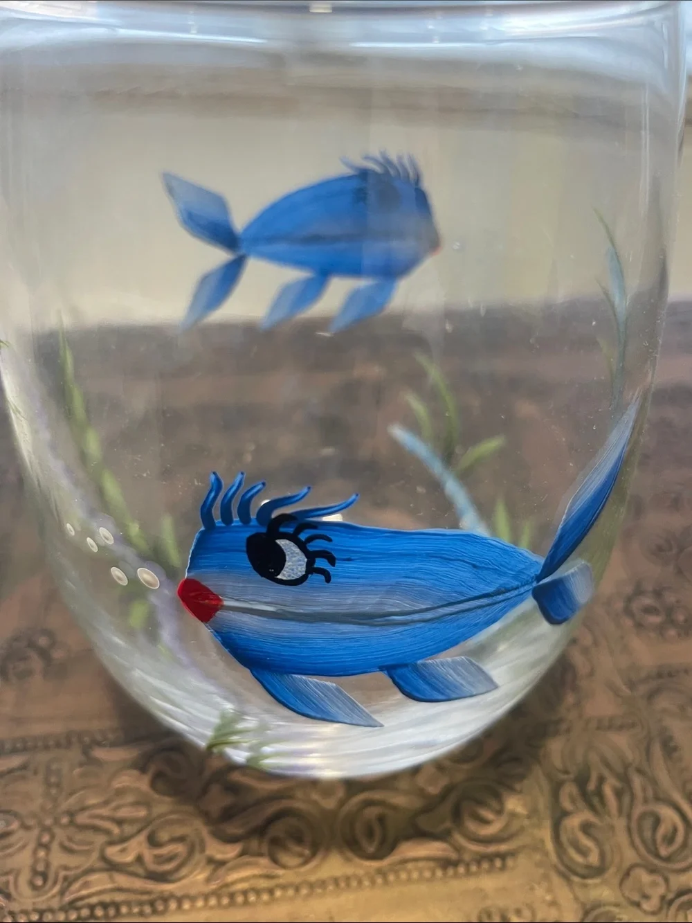 Hand-Painted Blue Fish Stemless Glass - Decorative Aquatic Accent
